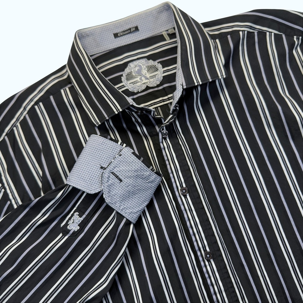 Bugatchi Contrast Cuff Shirt Men XXL Black White Striped Cotton Button Down
